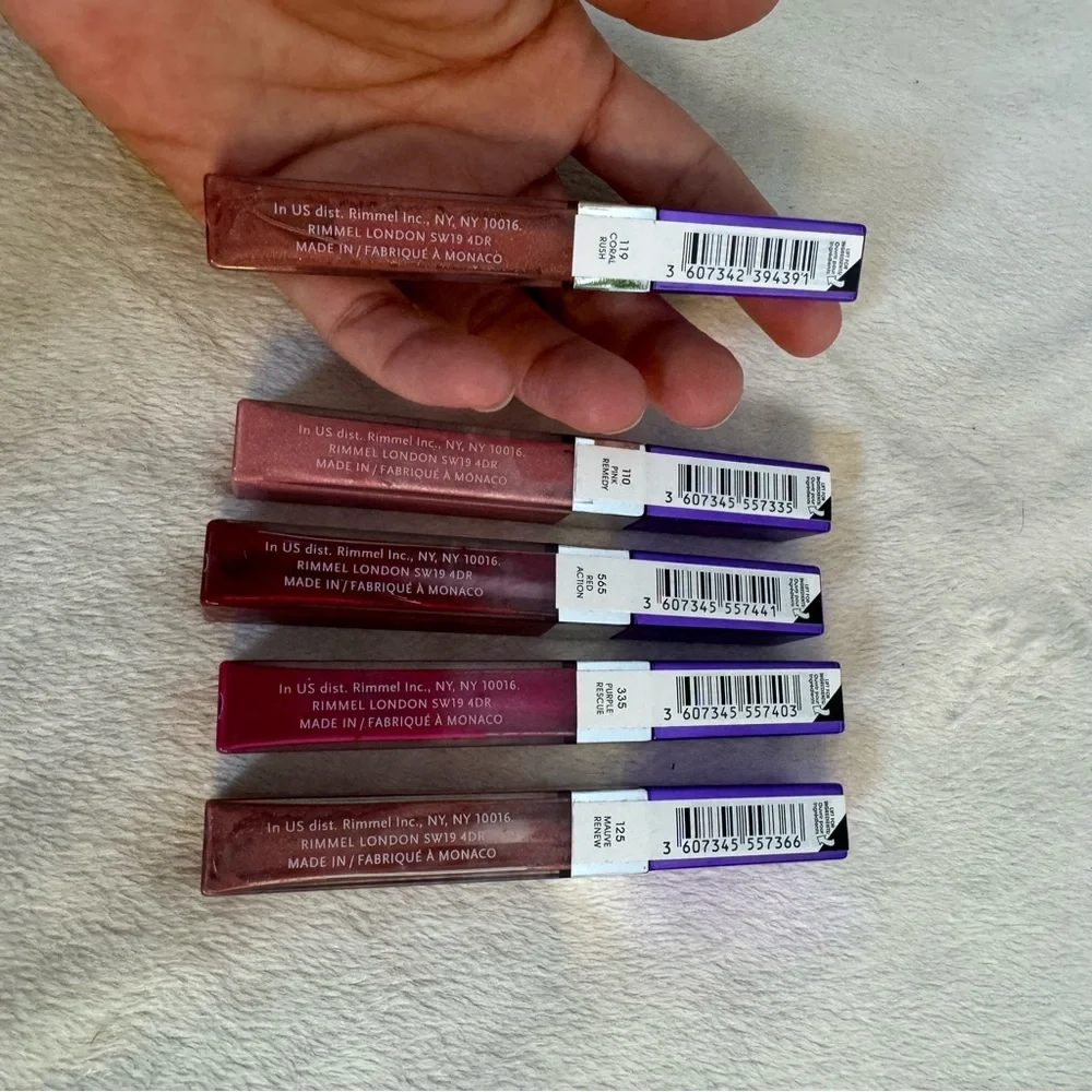 NWT RIMMEL moisture renew lip gloss set 5pc collagen coral pink red purple mauve